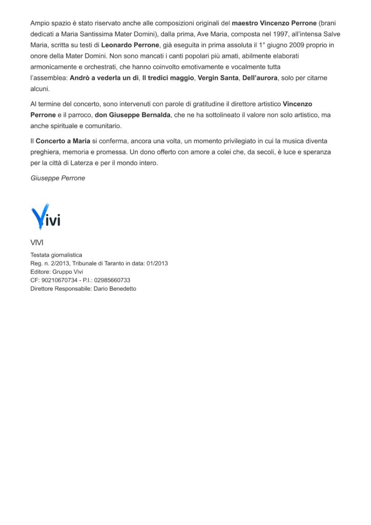 Viviwebtv Laterza Un Inno D’amore A Maria Successo Per La Xxiv Edizione Del “concerto A Maria” 2